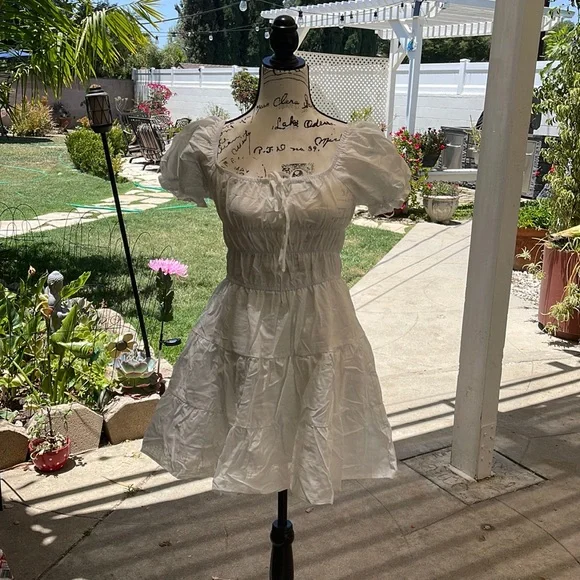 SHEIN | Dresses | Short Puff Sleeve Ruched Mini A Line Dress Ruffle Tie  Front Square Neck | Poshmark